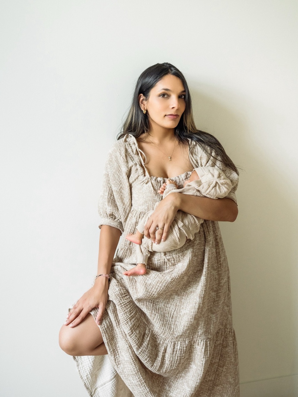 Neutral Beige Tiered Midi Dress with Puff Sleeves